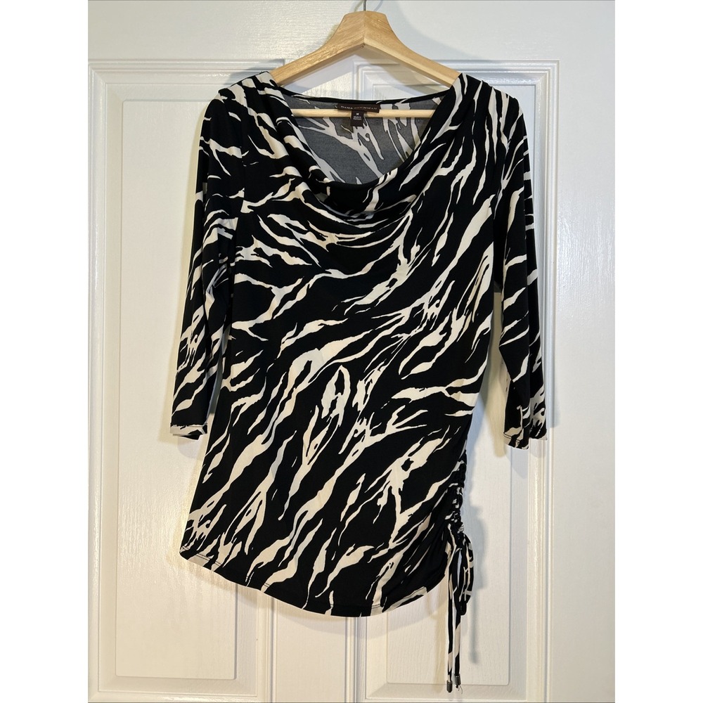 Dana‎ Buchman Womens Popover 3/4 Sleeve Ruching Medium Black White Animal